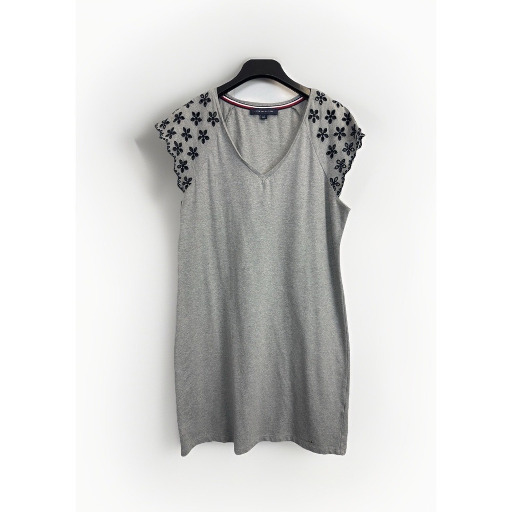 Tommy Hilfiger Pique Eyelet Sleeve Knit Dress Women L Grey Cotton Stretch V-neck
